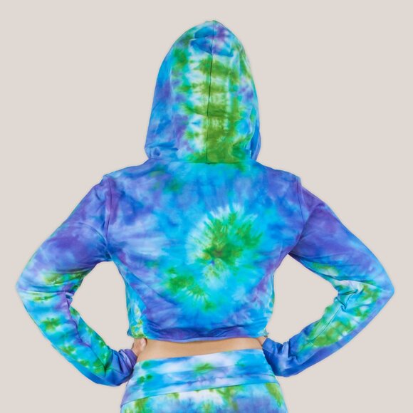 Grenada Tie Dye Hoodie Crop Top | Purple Teal Black Long Sleeve Shirt - Picture 2 of 3
